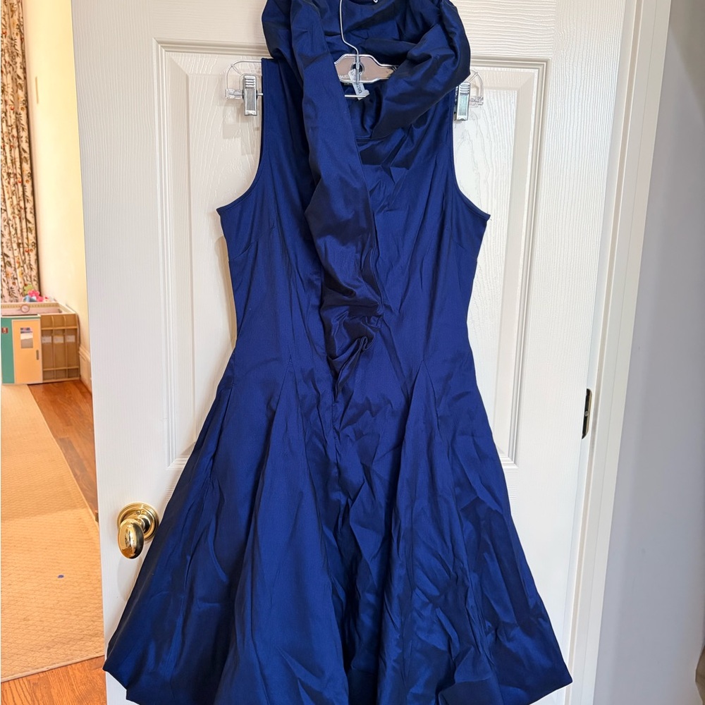 Samuel Dong Navy Blue Fit-and-Flare Dress with Draped Collar size Small